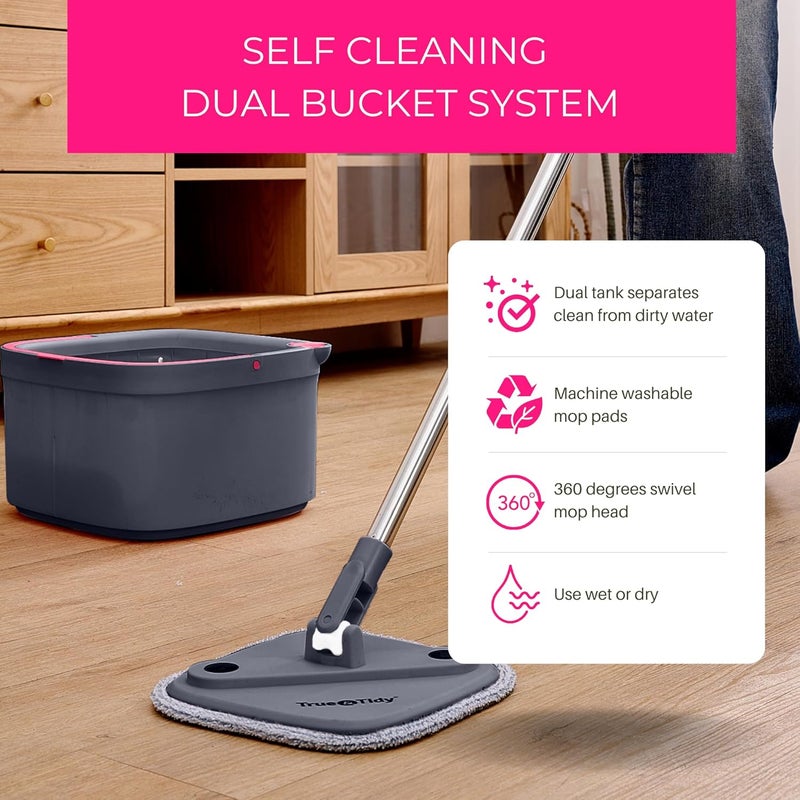 True & Tidy True Clean Spin Mop & Bucket System – Dual Compartment Design for Clean & Dirty Water, 360° Swivel Mop Head, Built-in Scrubbing Brush, Stainless Steel Handle & 2 Reusable Microfiber Pads - Image 3